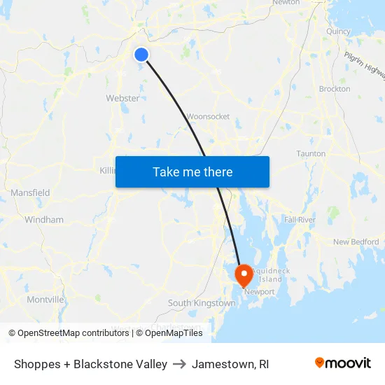 Shoppes + Blackstone Valley to Jamestown, RI map