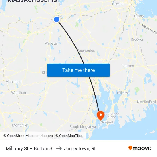 Millbury St + Burton St to Jamestown, RI map