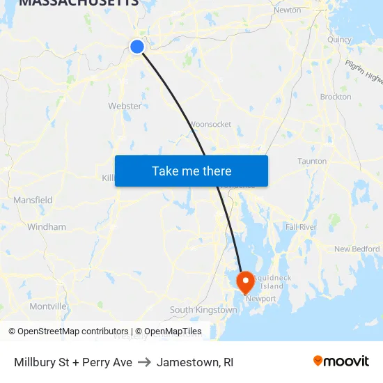 Millbury St + Perry Ave to Jamestown, RI map