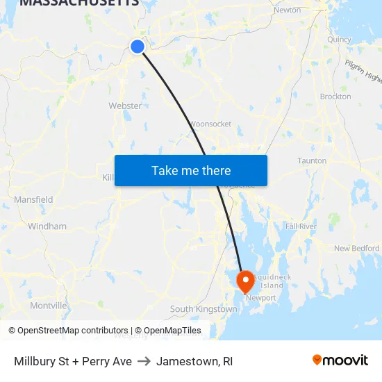 Millbury St + Perry Ave to Jamestown, RI map