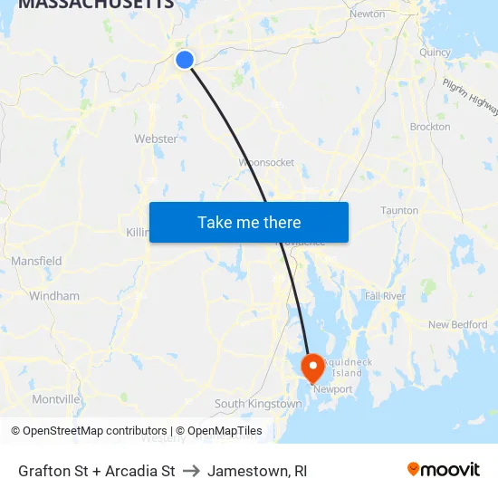 Grafton St at Arcadia to Jamestown, RI map