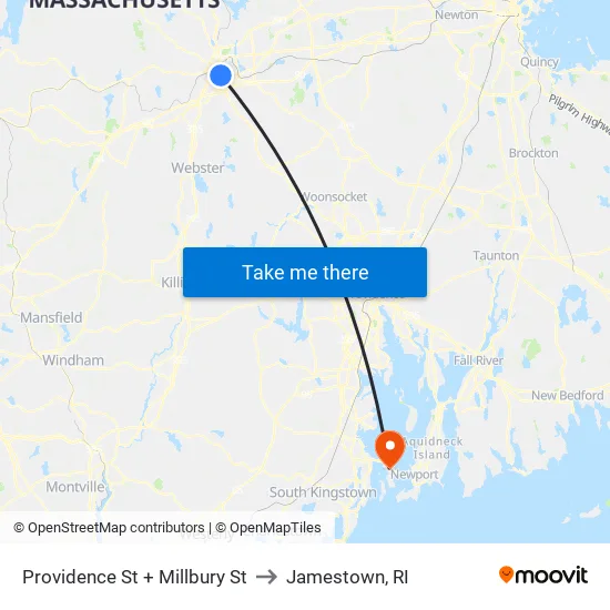 Providence St + Millbury St to Jamestown, RI map