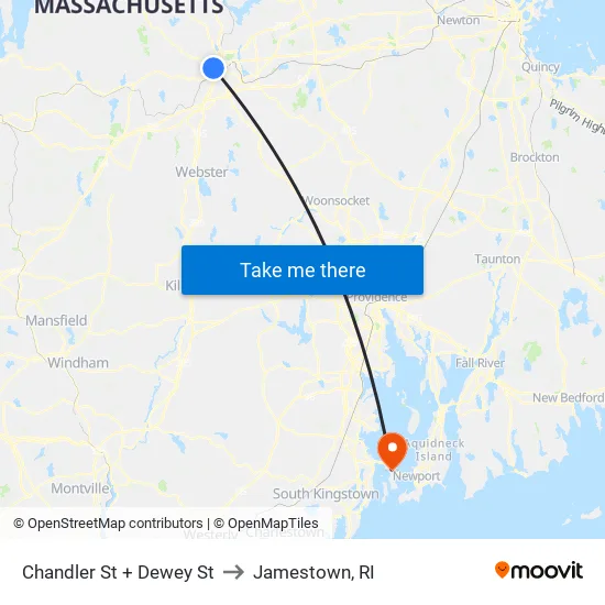 Chandler St + Dewey St to Jamestown, RI map