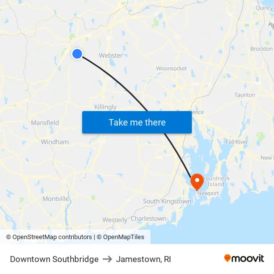 Downtown Southbridge to Jamestown, RI map