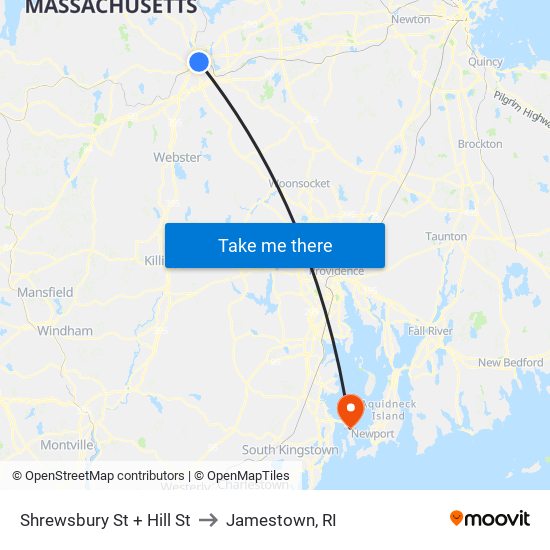 Shrewsbury St + Hill St to Jamestown, RI map