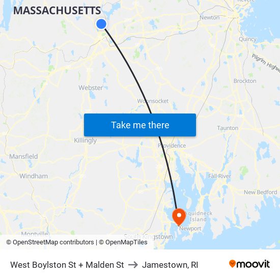 West Boylston St + Malden St to Jamestown, RI map