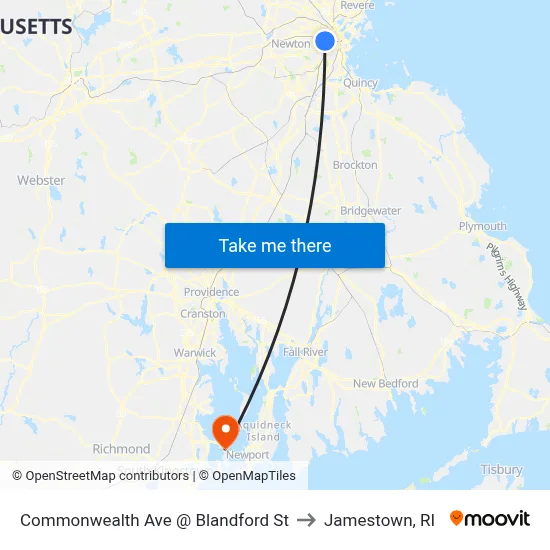 Commonwealth Ave @ Blandford St to Jamestown, RI map