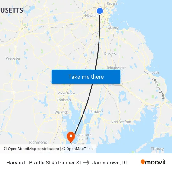 Harvard - Brattle St @ Palmer St to Jamestown, RI map