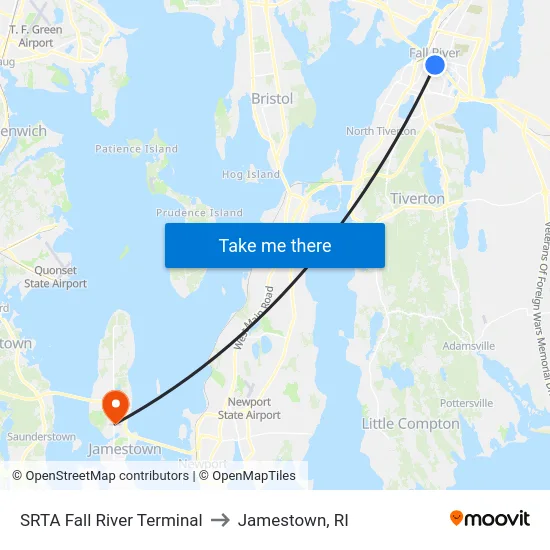 SRTA Fall River Terminal to Jamestown, RI map