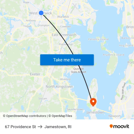 67 Providence St to Jamestown, RI map