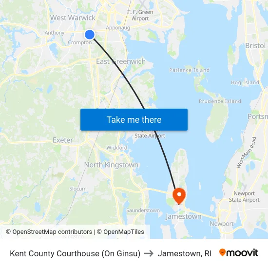 Kent County Courthouse (On Ginsu) to Jamestown, RI map