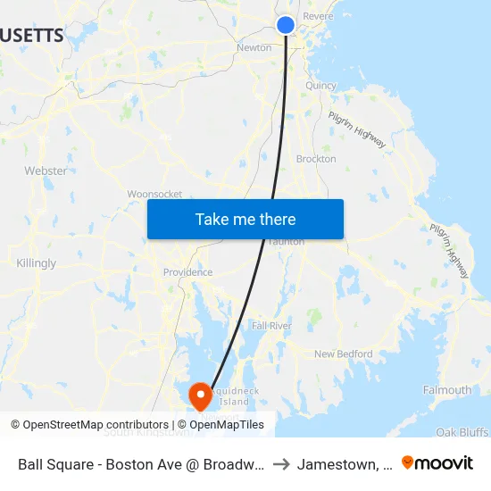 Ball Square - Boston Ave @ Broadway to Jamestown, RI map