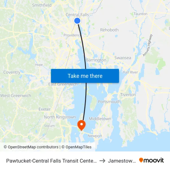 Pawtucket-Central Falls Transit Center (Stop B) to Jamestown, RI map