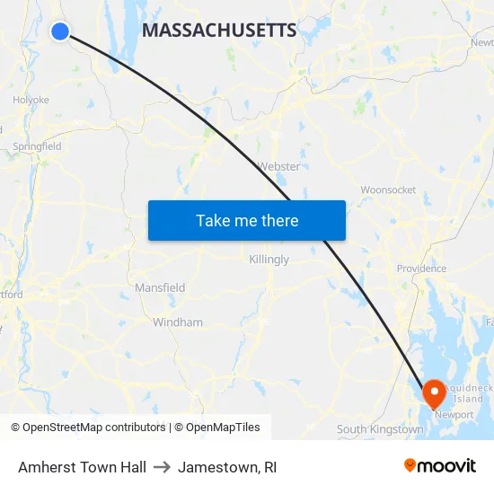 Amherst Town Hall to Jamestown, RI map