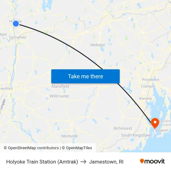 Holyoke Train Station (Amtrak) to Jamestown, RI map