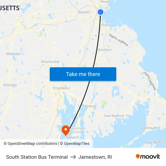 South Station Bus Terminal to Jamestown, RI map
