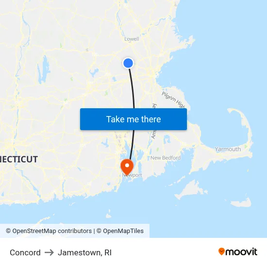 Concord to Jamestown, RI map