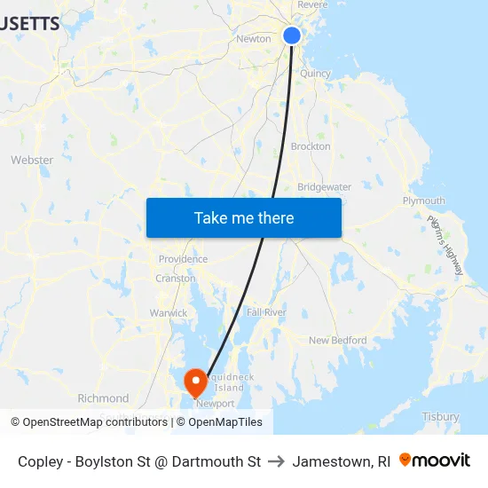 Copley - Boylston St @ Dartmouth St to Jamestown, RI map