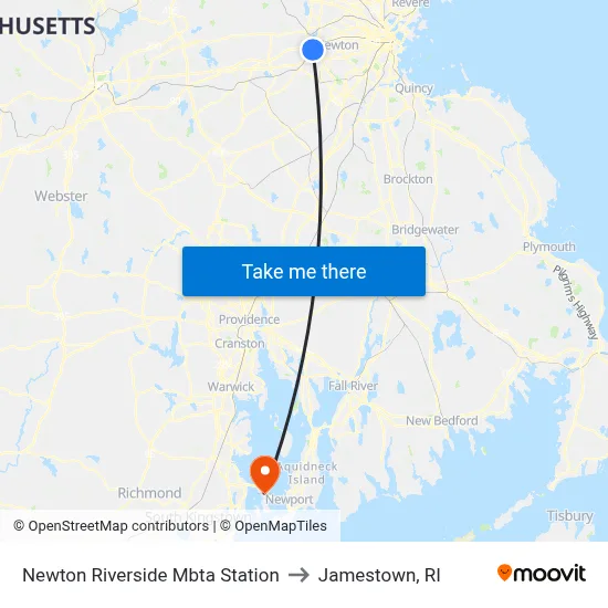 Newton Riverside Mbta Station to Jamestown, RI map