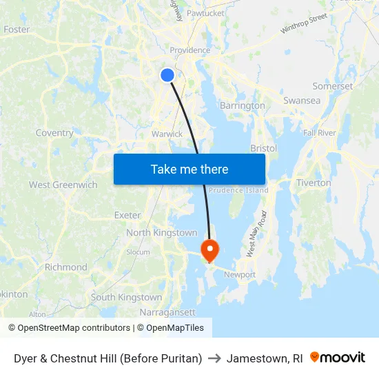 Dyer & Chestnut Hill (Before Puritan) to Jamestown, RI map