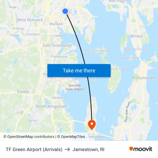 TF Green Airport (Arrivals) to Jamestown, RI map