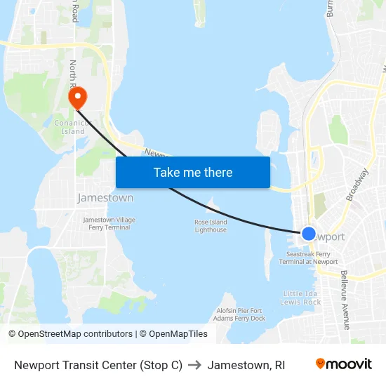 Newport Transit Center (Stop C) to Jamestown, RI map