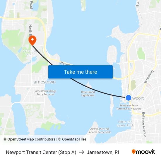 Newport Transit Center (Stop A) to Jamestown, RI map
