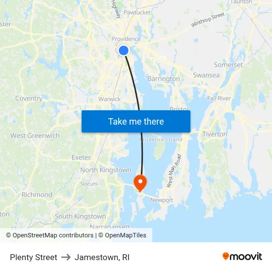 Plenty Street to Jamestown, RI map