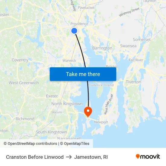 Cranston Before Linwood to Jamestown, RI map