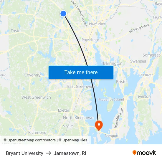 Bryant University to Jamestown, RI map