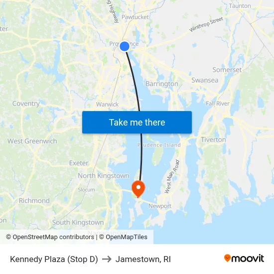 Kennedy Plaza (Stop D) to Jamestown, RI map