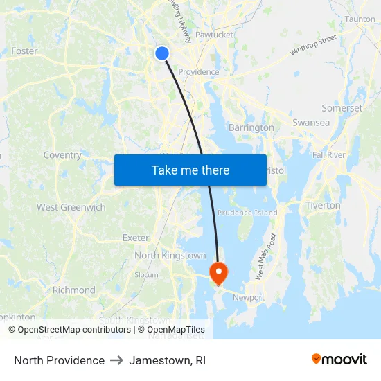 North Providence to Jamestown, RI map