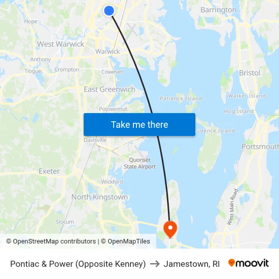 Pontiac & Power (Opposite Kenney) to Jamestown, RI map