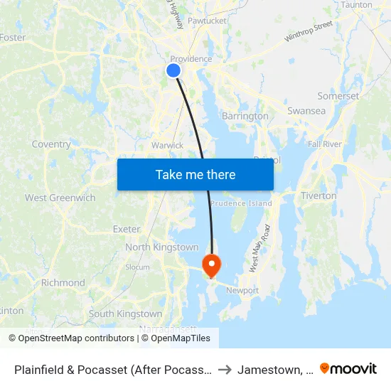 Plainfield & Pocasset (After Pocasset) to Jamestown, RI map