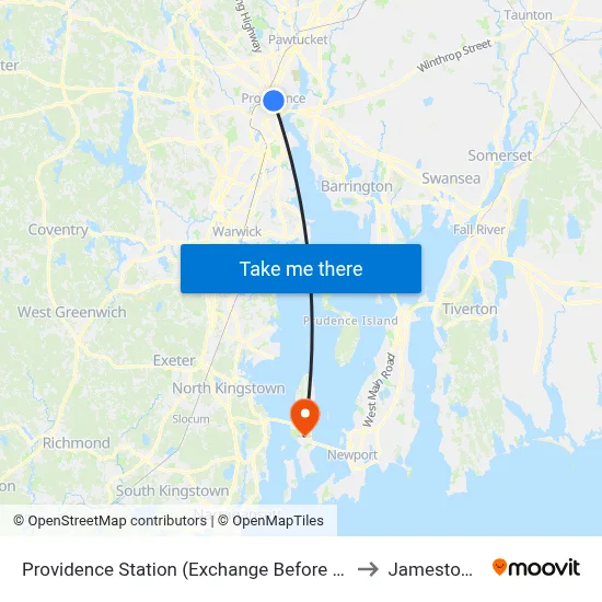 Providence Station (Exchange Before Park Row W) to Jamestown, RI map