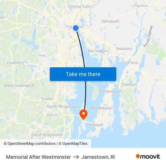 Memorial After Westminster to Jamestown, RI map