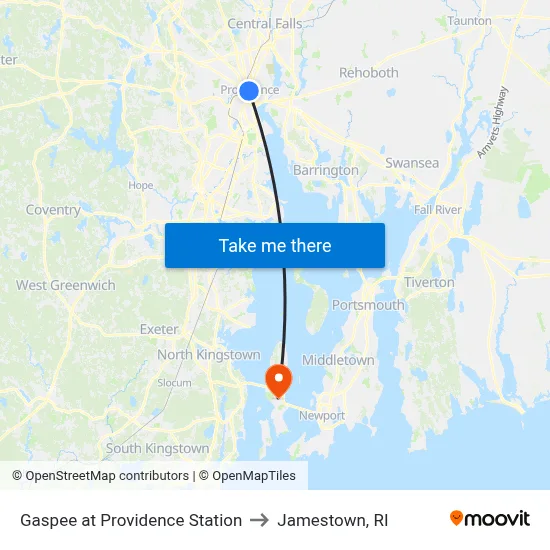 Gaspee at Providence Station to Jamestown, RI map