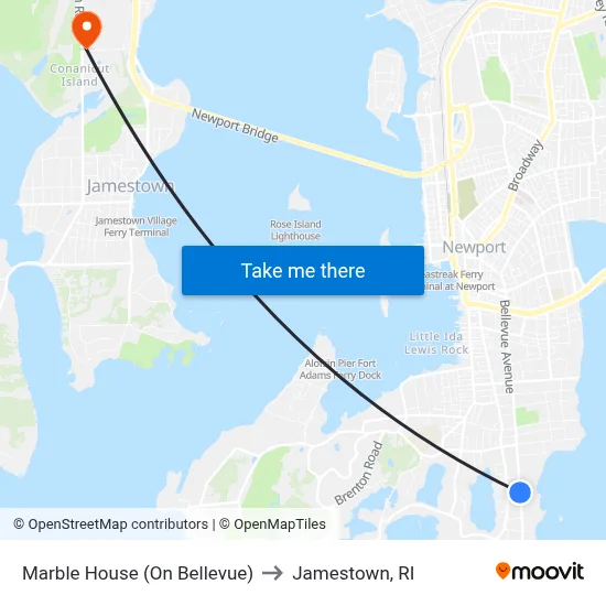 Marble House (On Bellevue) to Jamestown, RI map