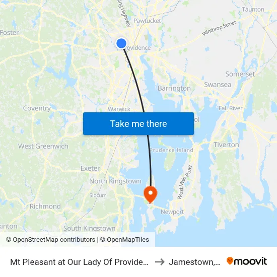 Mt Pleasant at Our Lady Of Providence to Jamestown, RI map