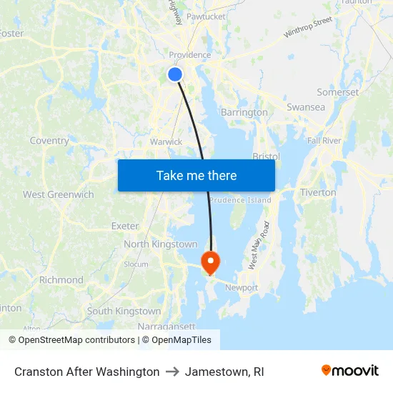 Cranston After Washington to Jamestown, RI map
