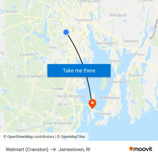 Walmart (Cranston) to Jamestown, RI map