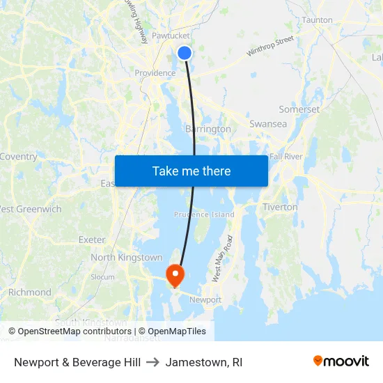 Newport & Beverage Hill to Jamestown, RI map
