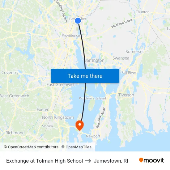 Exchange at Tolman High School to Jamestown, RI map