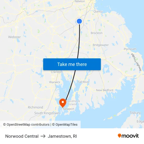 Norwood Central to Jamestown, RI map