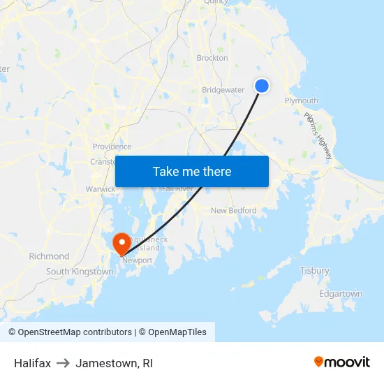 Halifax to Jamestown, RI map