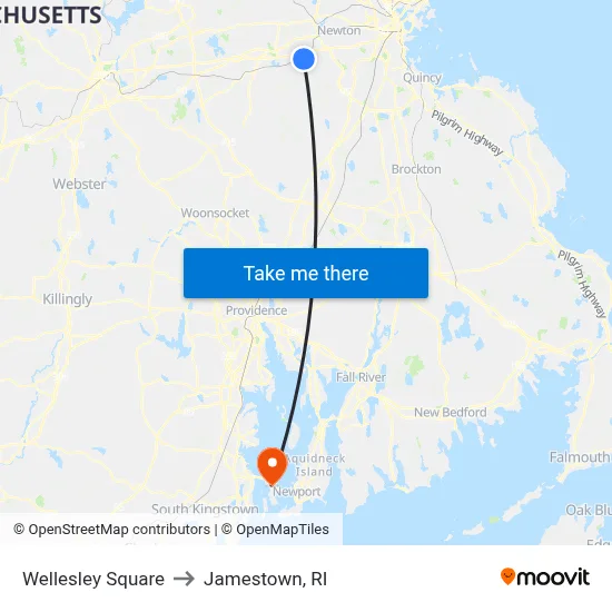 Wellesley Square to Jamestown, RI map