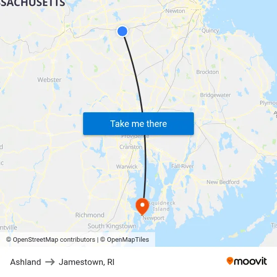 Ashland to Jamestown, RI map