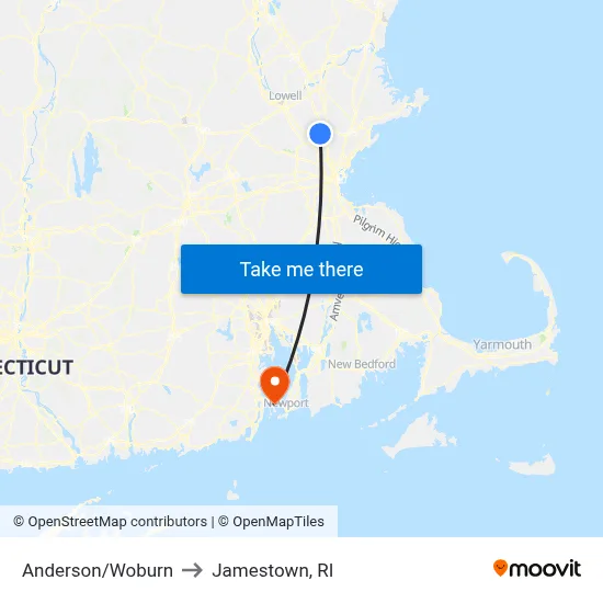 Anderson/Woburn to Jamestown, RI map