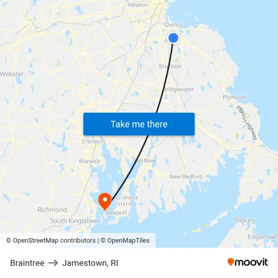 Braintree to Jamestown, RI map