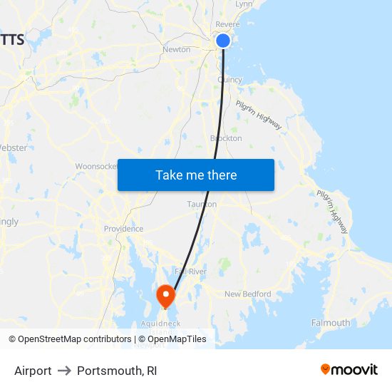 Airport to Portsmouth, RI map
